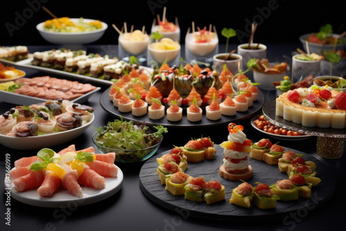buffet food  catering food party at restaurant  mini canapes  snacks and appetizers