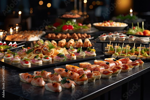 buffet food, catering food party at restaurant, mini canapes, snacks and appetizers