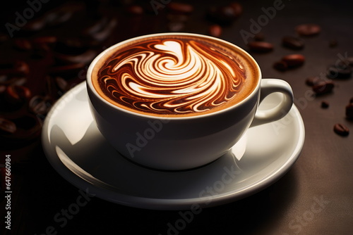 hot coffee latte art on wood background