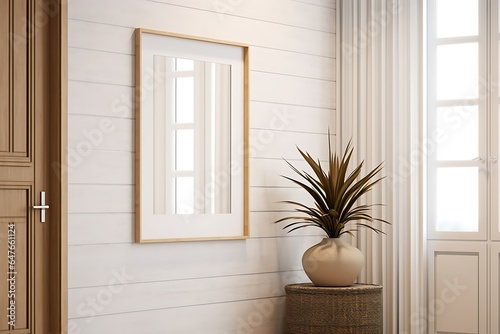 Frame mockup in Scandinavian farmhouse hallway interior, 3d render, Generative AI