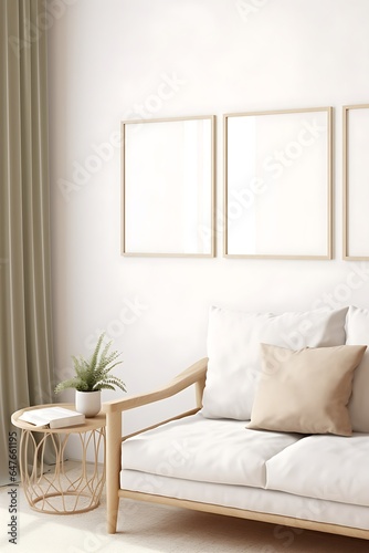 Mockup frame in interior background, room in light pastel colors, Scandi-Boho style, 3d render, Generative AI © Rising Monk