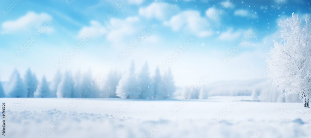 A snowy landscape with trees and a blue sky with fluffy white clouds. The ground is covered in a thick layer of snow. Peaceful and serene mood. Winter background with plenty of copy space.