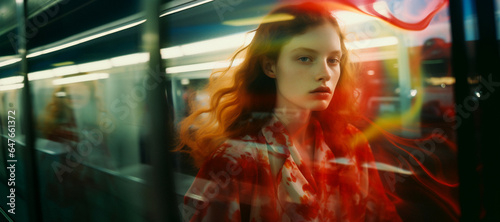 A woman with long red hair, wearing a red and white patterned shirt standing in front of a blurred moving train. Surreal and dreamlike quality with red and blue streaks of light.