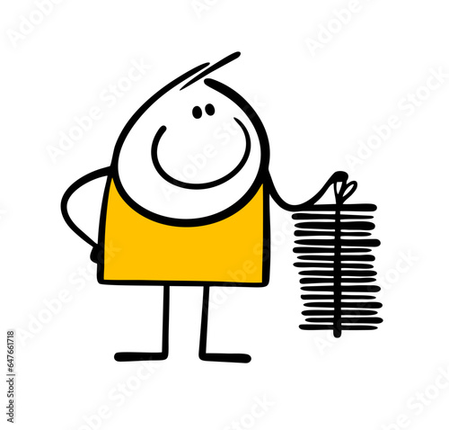 Satisfied schoolboy collected a large bundle of old paper for recycling. Vector illustration of eco-friendly waste paper collection at school.