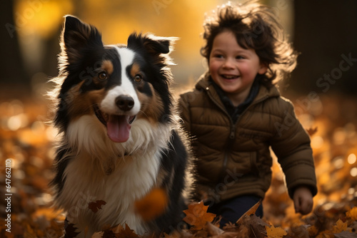 little boy and his dog playing outside during autumn, best friends dog and child photo
