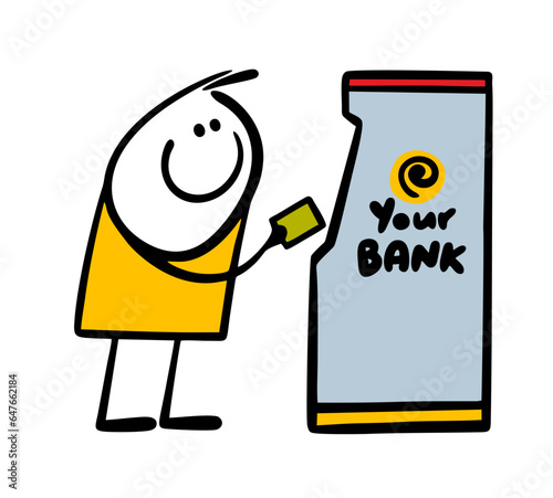 Satisfied customer inserts a plastic card into an ATM and withdraws cash. Vector illustration of money in the bank.