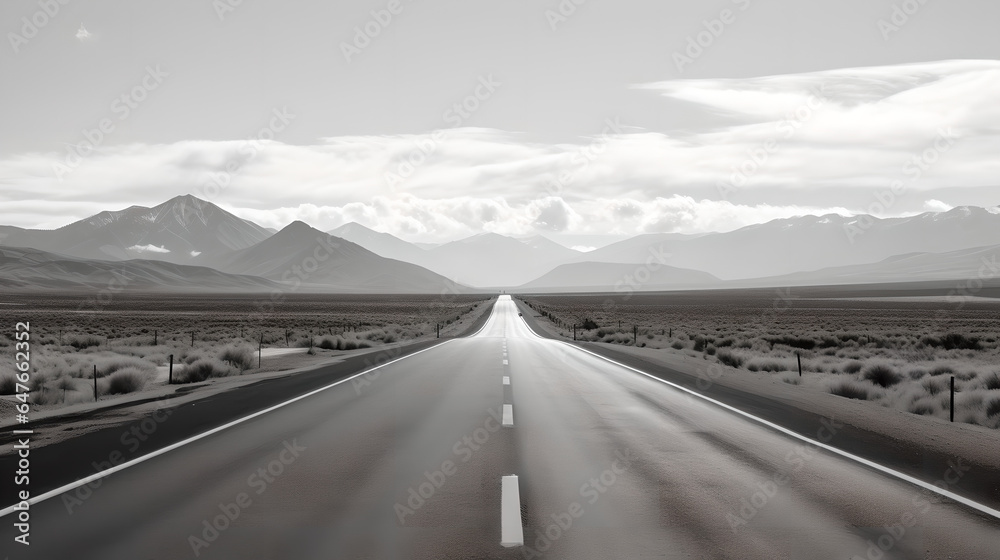 black and white photo of endless desert highway, Generative AI