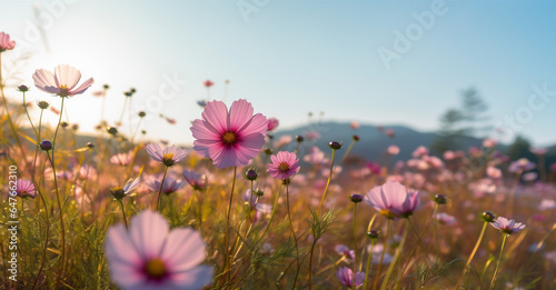 blooming background pink nature field flower beautiful bloom violet sunset meadow. Generative AI. © VICHIZH