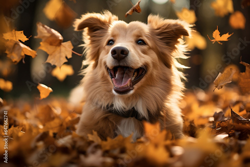 happy dog having fun playing with autumn leaves © Lara