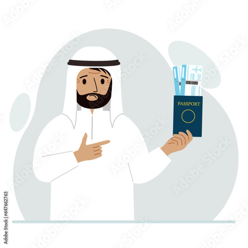 A man holds a passport with air tickets. The man shows the boarding pass. Travel concept.