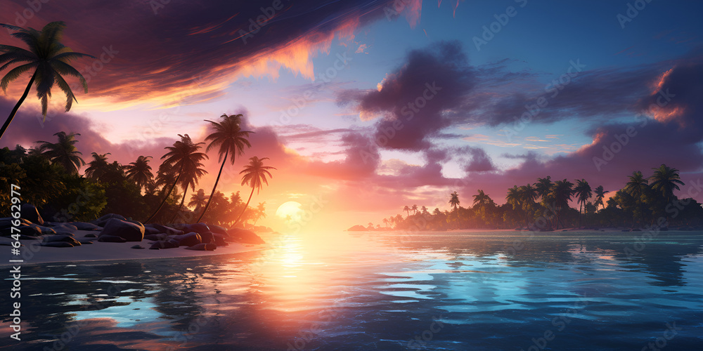 Colorful stunningly realistic beach scene in modern style on yellow background summer, A beach at sunset with a sunset in the background, generative Ai