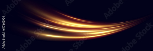 Golden glowing swirl. The effect of moving at the speed of light. Easy trail. Shiny wavy path. Vector.Neon light. 