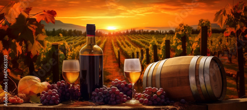 drink sunset glass wine alcohol winery barrel grape beverage bottle. Generative AI.