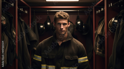 Portrait of young firefighter standing in locker room. Search and rescue safety concept