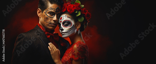 Portrait of an young couple face in original make-up dressed in their Mexican-style costumes Day of the Dead. Close-up. Banner