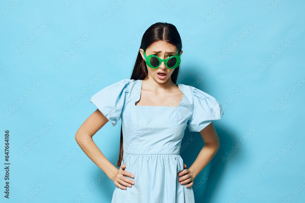 young woman studio expression style blue model fashion summer dress beautiful