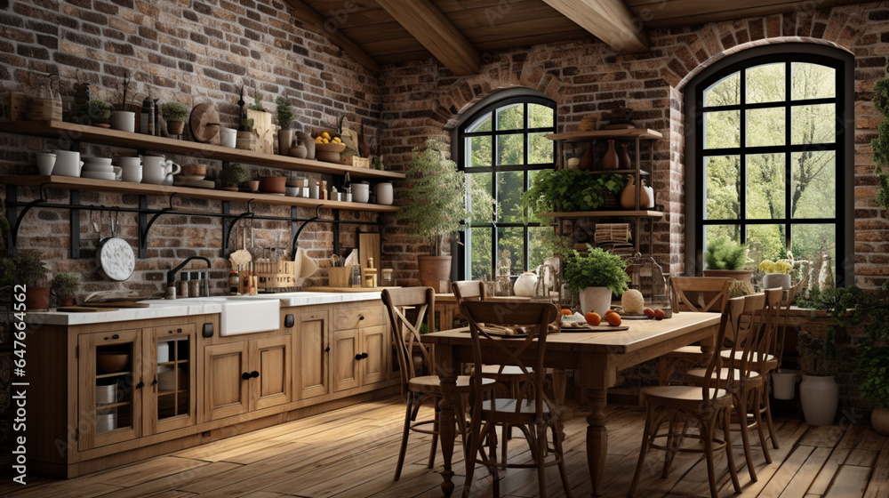 Rustic farmhouse kitchen, stylish spacious cooking area, interior design