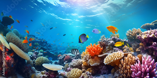 Underwater scene with coral reef underwater blue tropical seabed with reef and sunbe, A picture of a coral reef with fish and sun rays, A coral reef with fish and corals, generative Ai