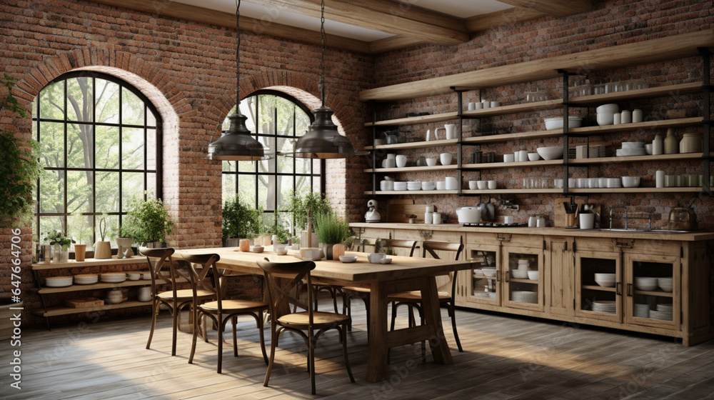 Rustic farmhouse kitchen, stylish spacious cooking area, interior design