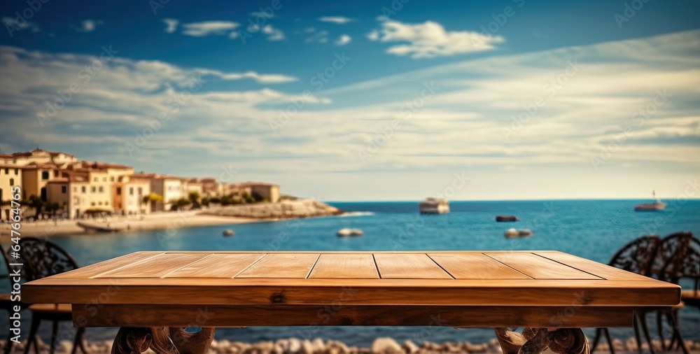 Seaside serenity. Relaxing by blue sea. Coastal escape. Wooden table with ocean view. Aqua oasis. Summer vibes at beach