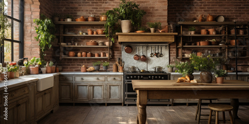 Rustic farmhouse kitchen, stylish spacious cooking area, interior design © AlexCaelus