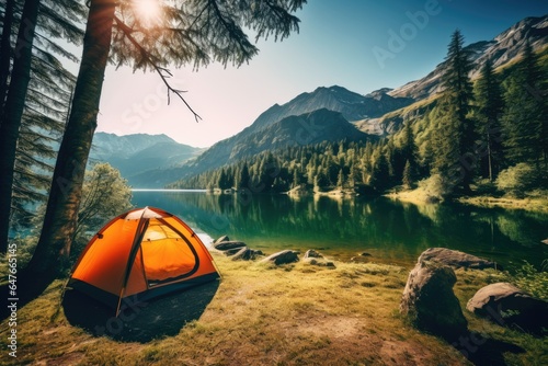 camping adventure tent in forest by lake mountain view