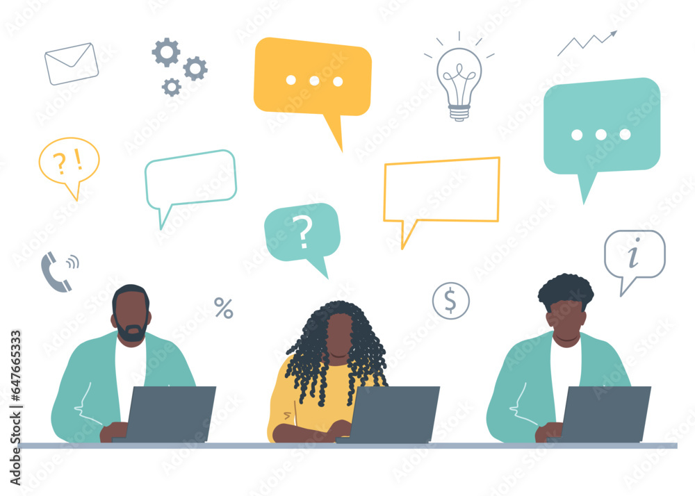 Office workers are working on laptops. Business concept with icons. Black men and woman are sitting at the table on white background. Flat style. Vector illustration Office workers are working on laptops. Business concept with icons. Black men and woman are sitting at the table on white background. Flat style. Vector illustration