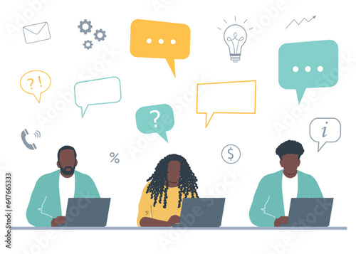 Office workers are working on laptops. Business concept with icons. Black men and woman are sitting at the table on white background. Flat style. Vector illustration © irynaalex