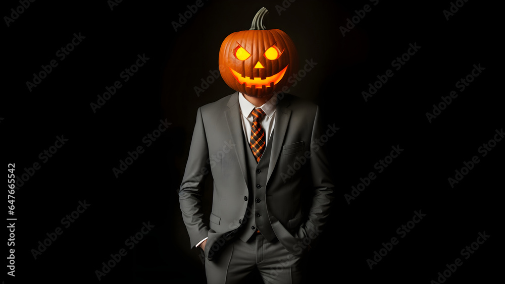 Man In Suit with Jack O Lantern pumpkin head - obrazy, fototapety, plakaty 