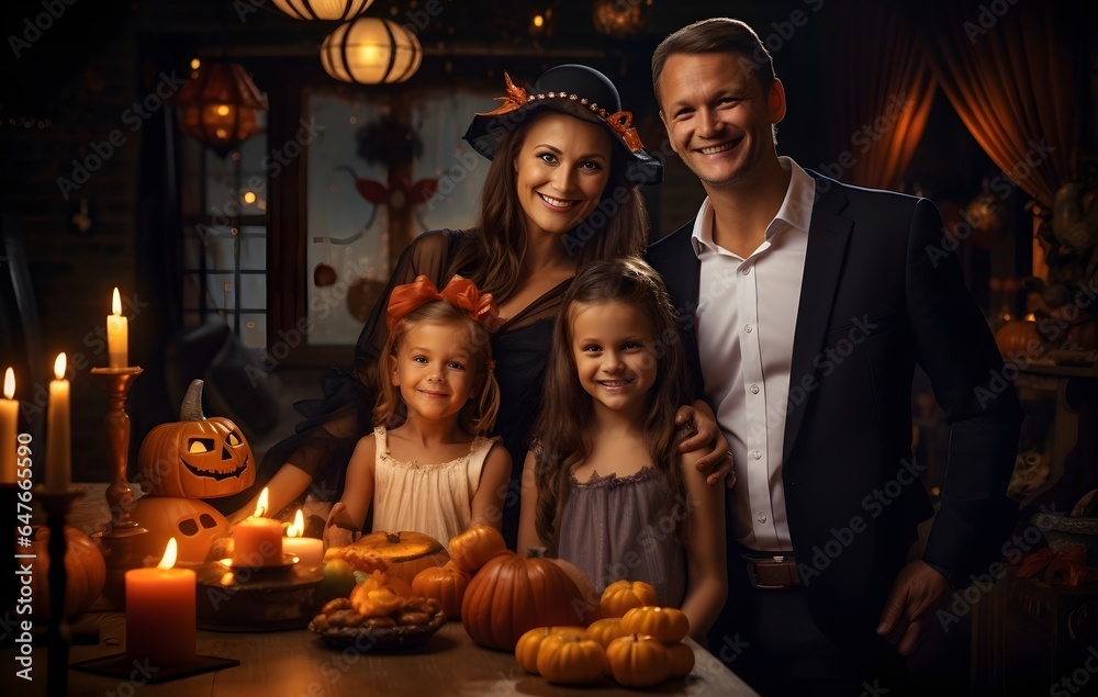 A family with parents and children dressed up for Halloween A family with parents and children dressed up for Halloween