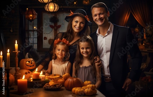 A family with parents and children dressed up for Halloween