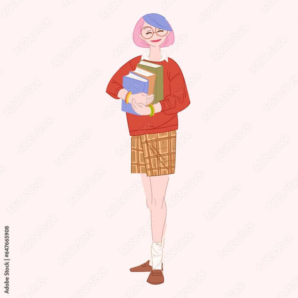 Cute student girl holding books while standing. Young woman dressed with jumper and skirt. Read more books concept. Hand drawn Vector trendy flat illustration Cute student girl holding books while standing. Young woman dressed with jumper and skirt. Read more books concept. Hand drawn Vector trendy flat illustration