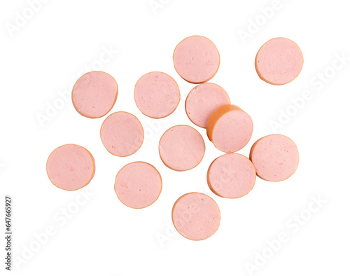 slices of fresh boiled sausages isolated on white background with clipping path, top view