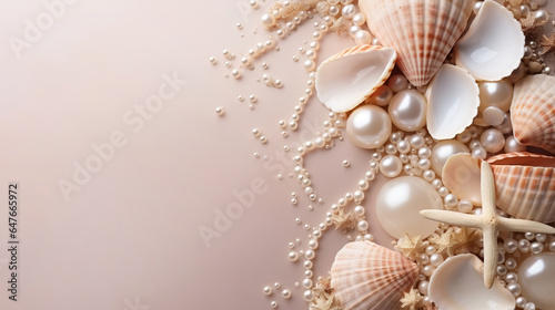 Top view white pearls, seashells and starfish on a pastel pink background, marine banner with copy space