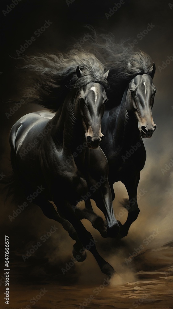 Black stallions running in the rain in an autumn forest. Infrared. Front view Black stallions running in the rain in an autumn forest. Infrared. Front view