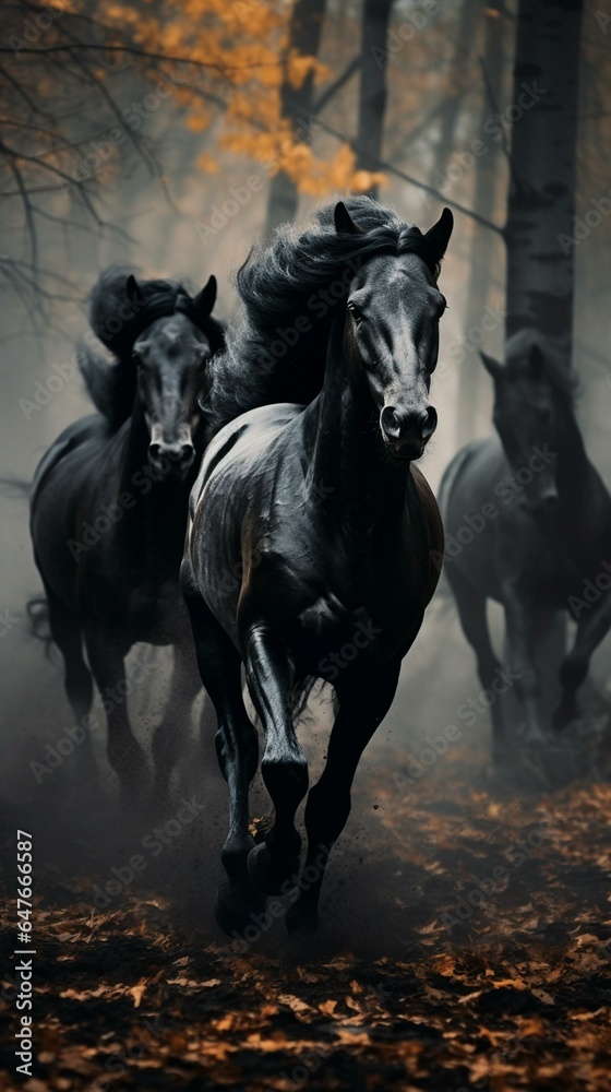 Black stallions running in the rain in an autumn forest. Infrared. Front view Black stallions running in the rain in an autumn forest. Infrared. Front view