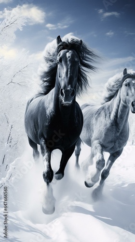 Black stallions run in winter snow. Close up. Front view