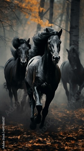 Black stallions running in the rain in an autumn forest. Infrared. Front view