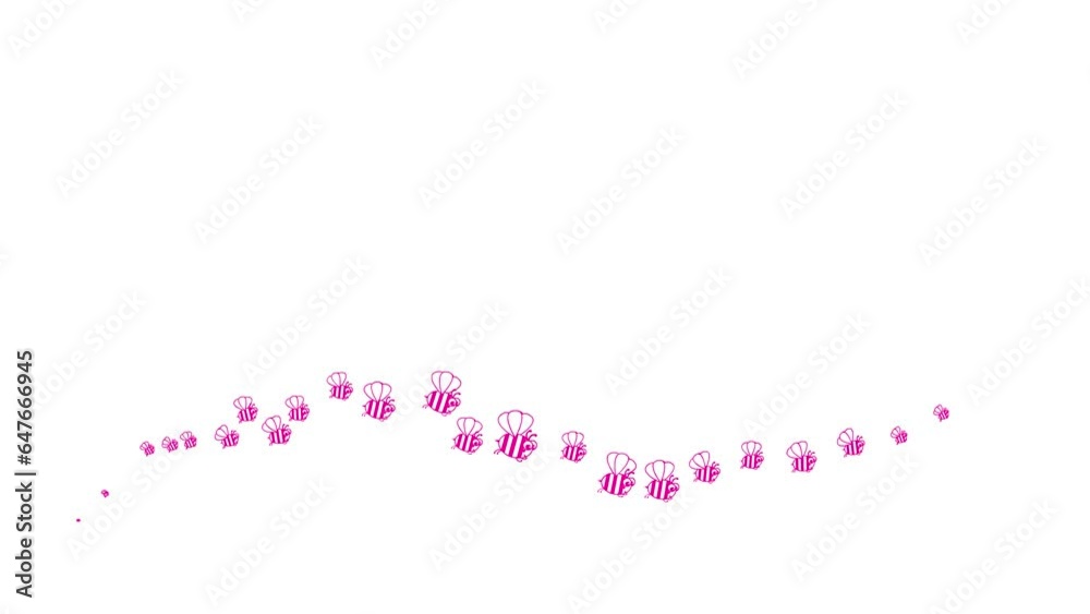 Animated funny magenta symbol of flying bees. A pink wave of insects. Icons of bee fly from left to right. Looped video. Flat vector illustration isolated on a white background.
Animated funny magenta symbol of flying bees. A pink wave of insects. Icons of bee fly from left to right. Looped video. Flat vector illustration isolated on a white background.