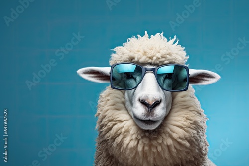 cool sheep with sunglasses on blue background