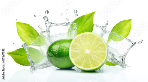 Lime, mint and ice cube on a white background..