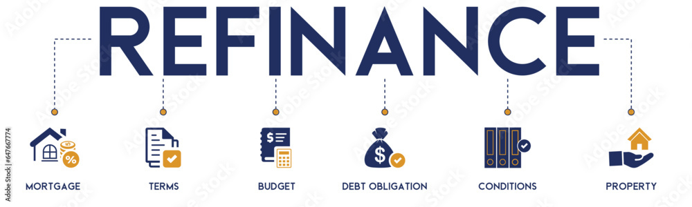 Refinance banner web icon vector illustration concept with icon of mortgage, terms, budget, debt obligation, conditions and property on white background Refinance banner web icon vector illustration concept with icon of mortgage, terms, budget, debt obligation, conditions and property on white background