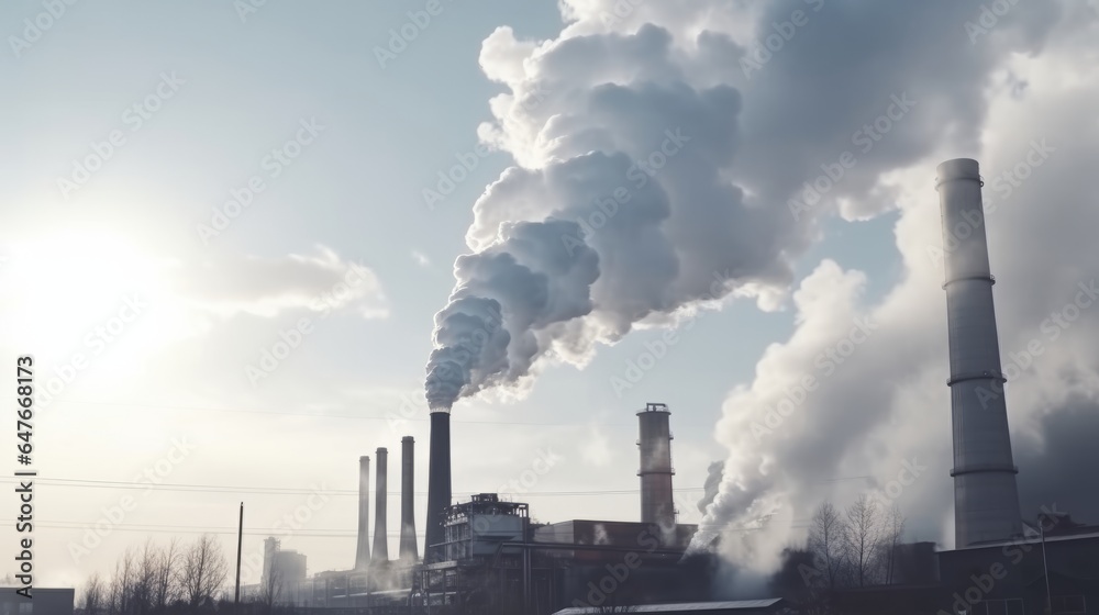 industrial landscape with chimneys with thick smoke causing air pollution in a blue sky