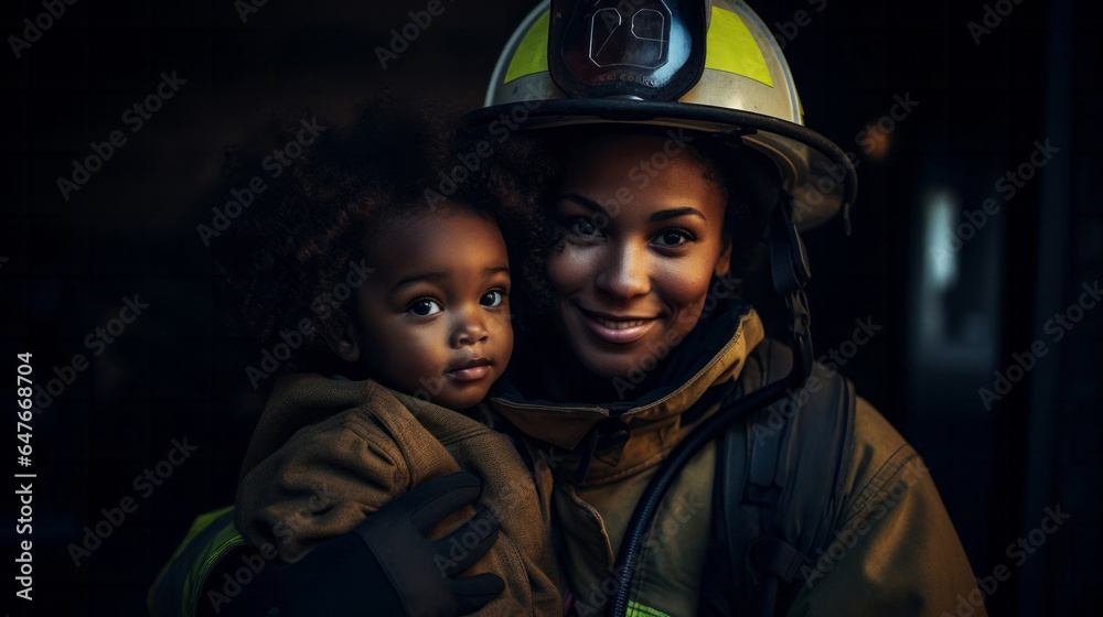 Happy firefighter holding child. Safety, brave rescue, survivor concept Happy firefighter holding child. Safety, brave rescue, survivor concept