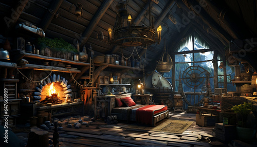 Vászonkép Enchanting Pirate's Hideaway, Discover the allure of a beautiful cabin amidst pi