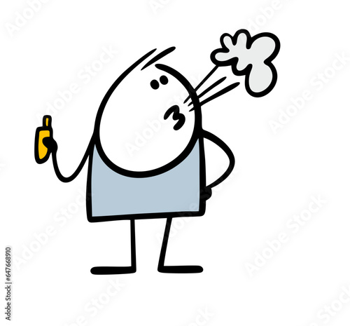 Stupid stickman spoils health, smokes vape, releases a cloud of steam. Vector illustration of a harmful lifestyle among young people.