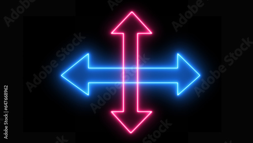 Blue and purple neon arrows or direction icons. Illustration: a neon-glowing directional sign.  An attention label glows on the brick wall's background. Right, Left, Up and Down neon arrows