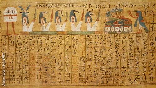 A vibrant painting showcasing Egyptian hieroglyphics on real papyrus