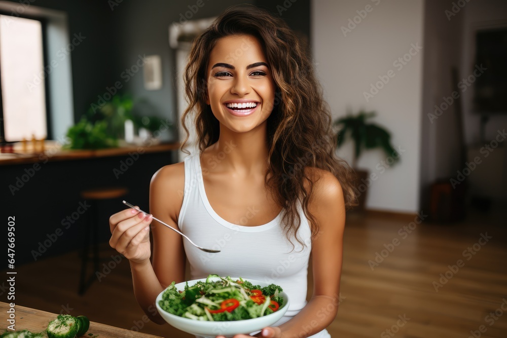 Fit woman eating healthy salad after exercising at home
