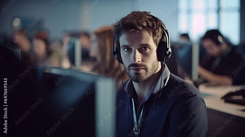 Customer service representative with curly hair talking through headset, Generative AI Illustration